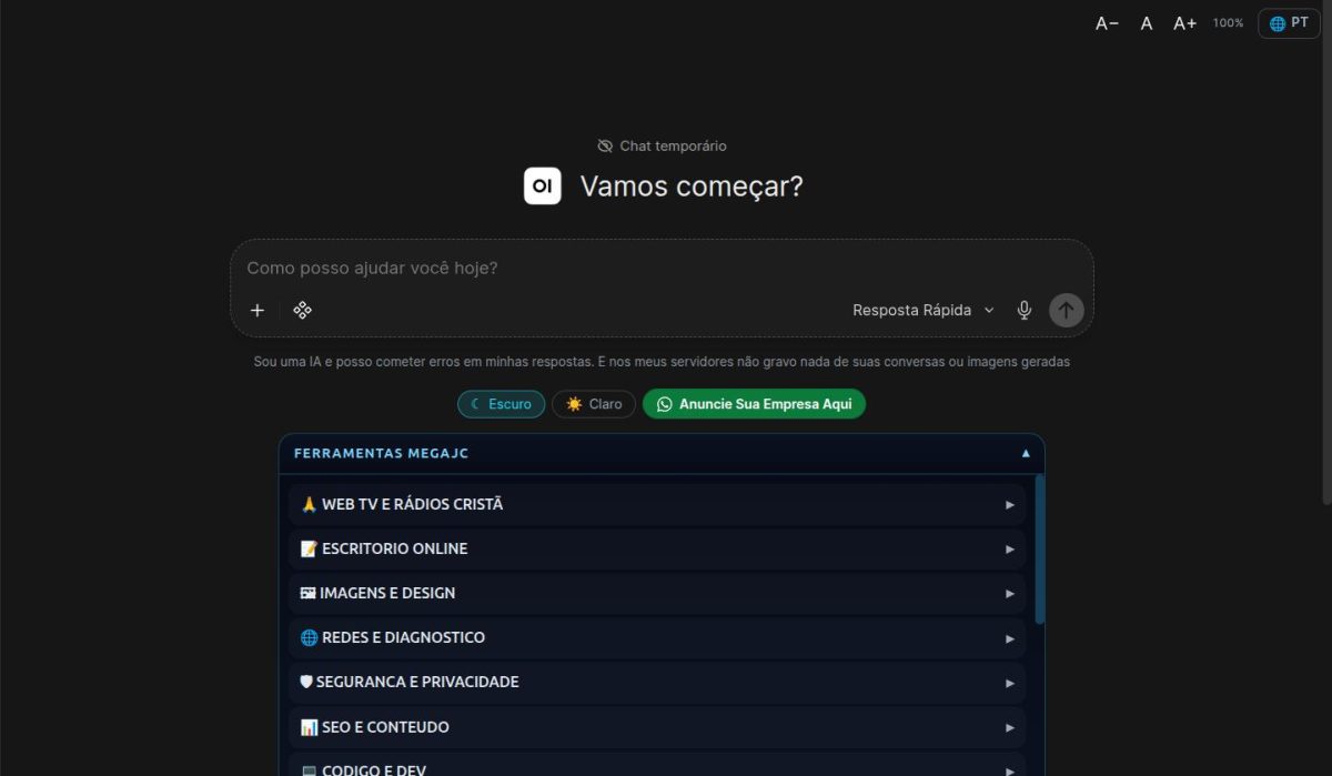 MegaJC IA – página inicial com a IA e as ferramentas